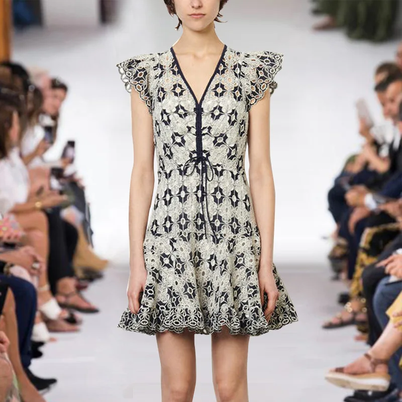 

2021 Summer Runway Show High End Women Dress Elegant Embroidery Lace Dress Women Petal Sleeve V Neck Sexy Party Dress Vestidos