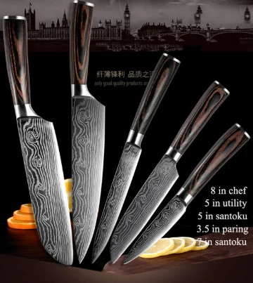 5 piece set Набор кухонных ножей из нержавеющей стали, лезвия из дамасской стали с лазерным узором, нож шеф-повара, инструменты для очистки овощей, кухонные инструменты Noze Kuchenne - Цвет: 5 piece set