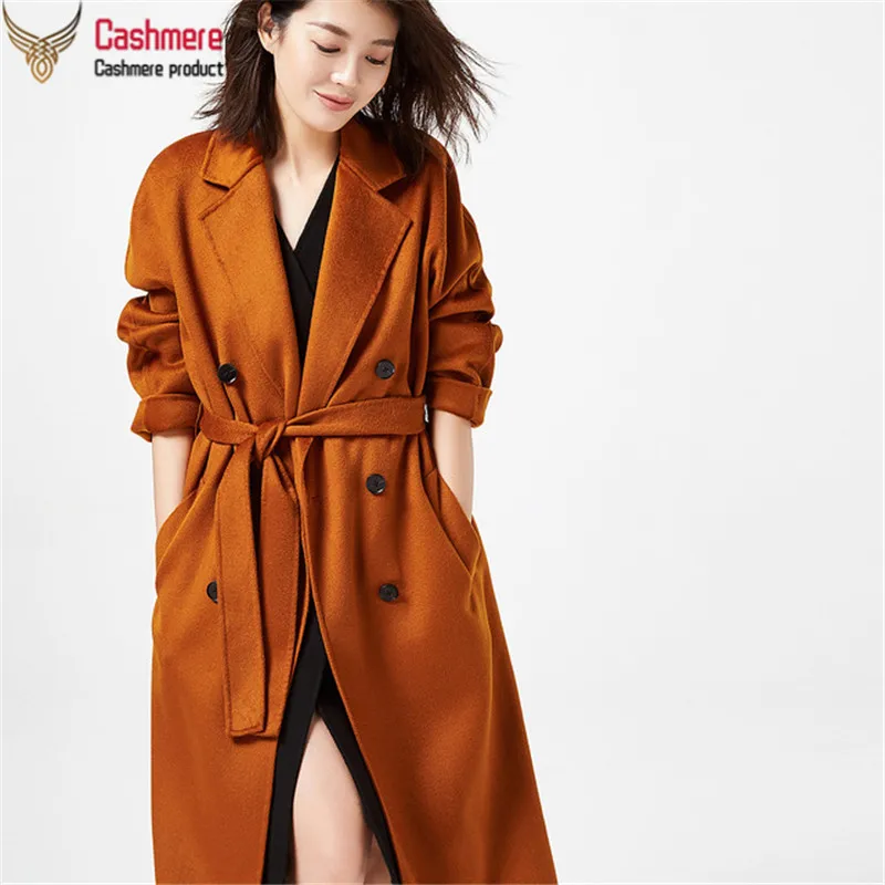 golden caramel Двустороннее кашемировое пальто с волнистой поверхностью для женщин осеннее классическое двубортное шерстяное пальто Свободное черное пальто 7223 - Цвет: golden caramel