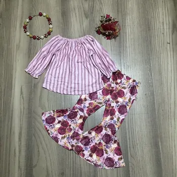 

girlymax Girl fall outfit girl stripe lavender raglan girl bell bottom floral pants girl winter set with bow and necklace