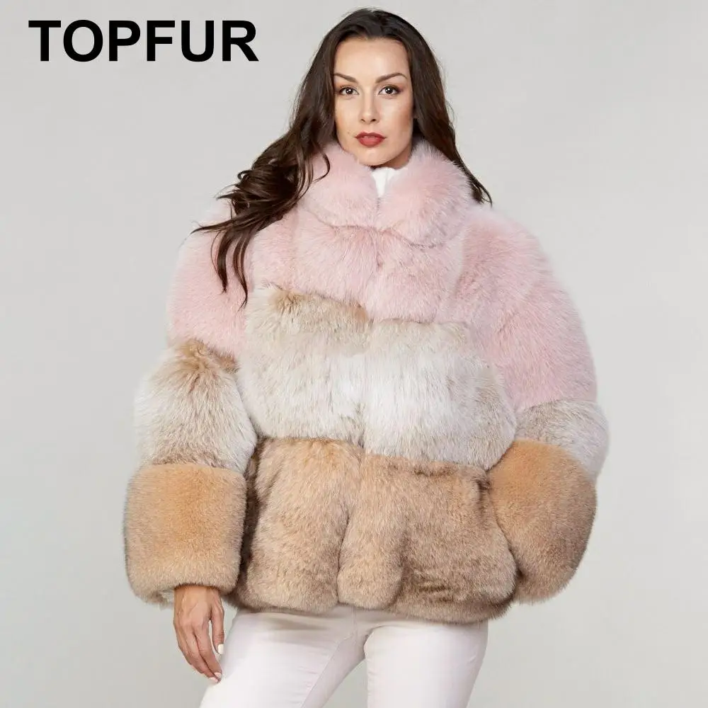 TOPFUR модное цветное пальто зимнее пальто из натурального меха Женское пальто из натурального Лисьего меха синее пальто из лисьего меха розовое пальто с длинными рукавами и v-образным вырезом