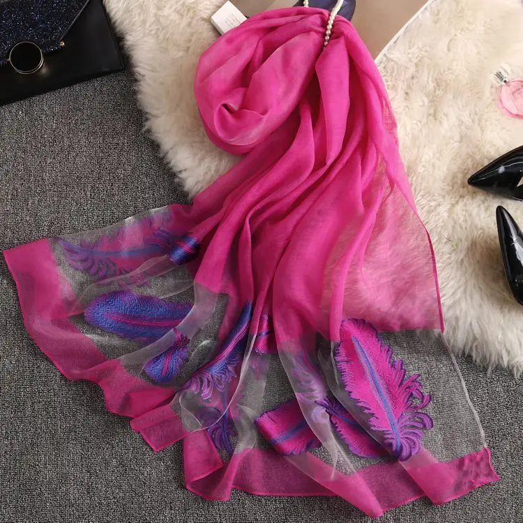 Rose red Scarf Осень Femme шелковый шарф Женский вышитый перьевой солнцезащитный пляжный Длинный мягкий шарф Женская шаль вуаль - Цвет: Rose red Scarf