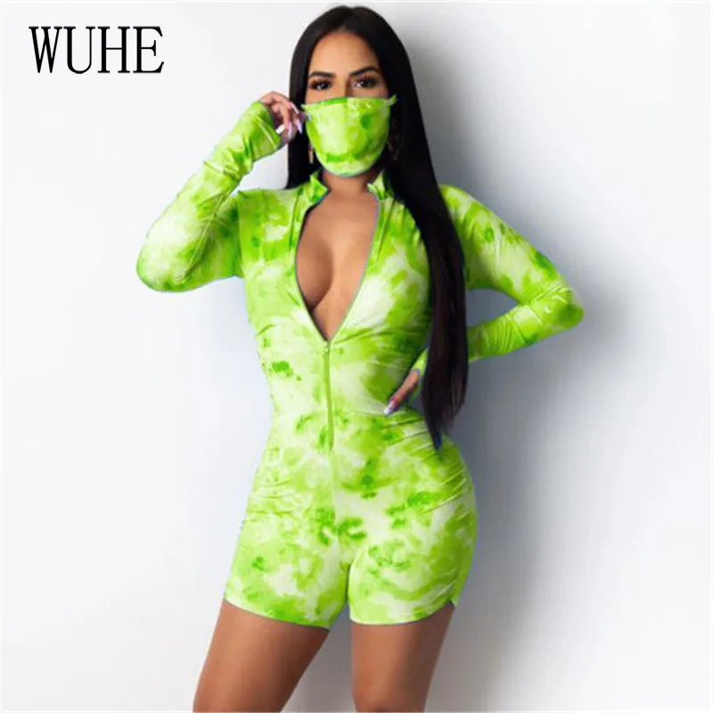 

WUHE Summer Tie Dye Printed Rompers Womens Jumpsuit Casual Sports Short One Piece Playsuit with Mask V-neck Long Sleeve Bodysuit
