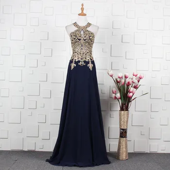 

Holievery Chiffon A Line Evening Dresses with Lace Appliques Top 2020 Halter Neck Evening Gowns Black Long Party Dress