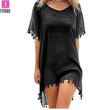 2020 Chiffon Tassels Beach Wear mujer traje de baño cubrir trajes de baño verano Mini vestido suelto sólido Pareo Cover Ups(China)