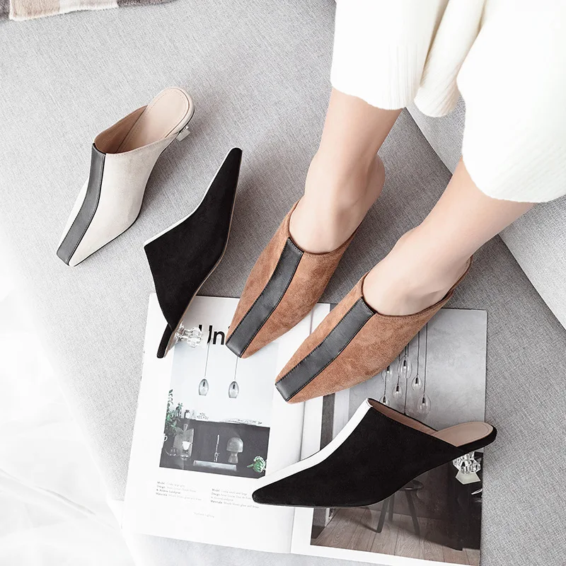 

2019 Spring New Style Square Head Fashion Semi-high Heeled Cool Closed-toe Outer Wear Slipper Women's Mixed Colors Loafers 4041