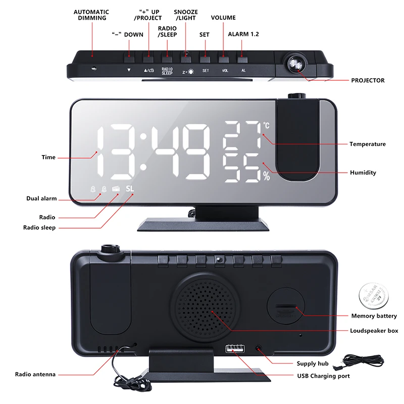 Réveil de Projection avec Radio FM, moniteur de température, facile à  utiliser, grand chiffre clair, plafond de chambre à coucher, nouvelle  collection - AliExpress