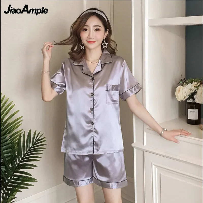 2022 New Women's Pajamas Summer Ice Silk Short Thin Pijamas Two Piece Loose Solid Color Sexy Sleepwear Nightie Homewear