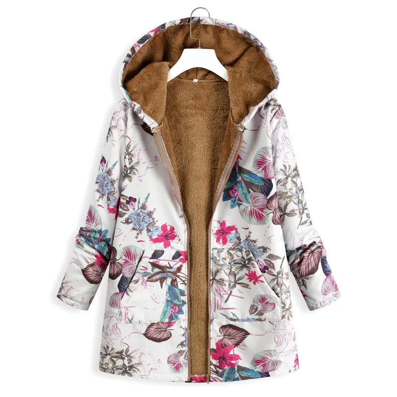 CHANWELL Женское пальто зима Цветочный Принт толстовки с карманами винтаж плюс размер с капюшоном Женская толстовка теплая одежда оверсайз
