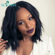 13x6 короткий Боб Синтетические волосы на кружеве парики из натуральных волос для Для женщин перуанские Волосы remy парики естественная волна для Для женщин предварительно вырезанные xcsunny
