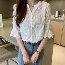 Aliexpress - 2020 Fashion White Shirts Women Vintage Embroidery Flare Sleeve V Neck Shirt Vogue Aesthetic Clothes Tops Blusas Camisas Vetemen