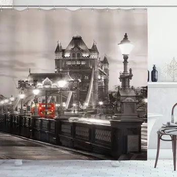 

Black and White Shower Curtain London Theme Tower Bridge in The Famous City Urban Life Scenery Europe Bathroom Decor Set
