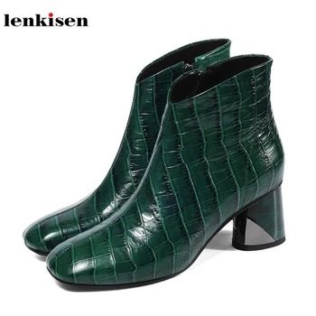 

Lenkisen real cow leather stone pattern print square toe high heels solid side Zipper winter women elegant ankle boots new L91