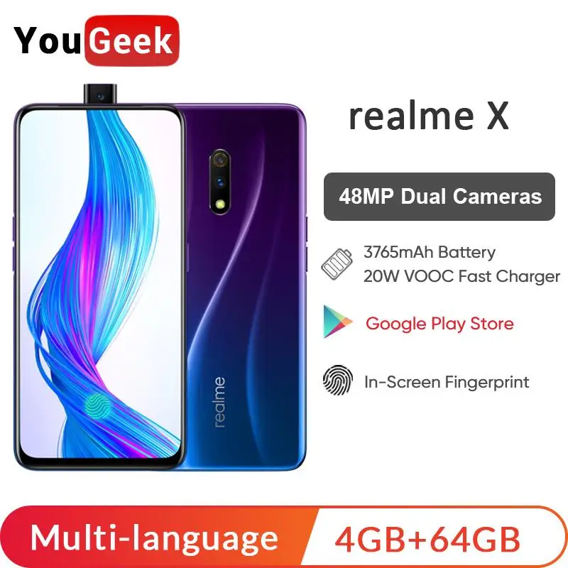 Realme X 4 ГБ ОЗУ 64 Гб ПЗУ 6,53 ''полноэкранный мобильный телефон с всплывающей камерой мобильный телефон 20 Вт VOOC Быстрая зарядка 3,0 смартфон