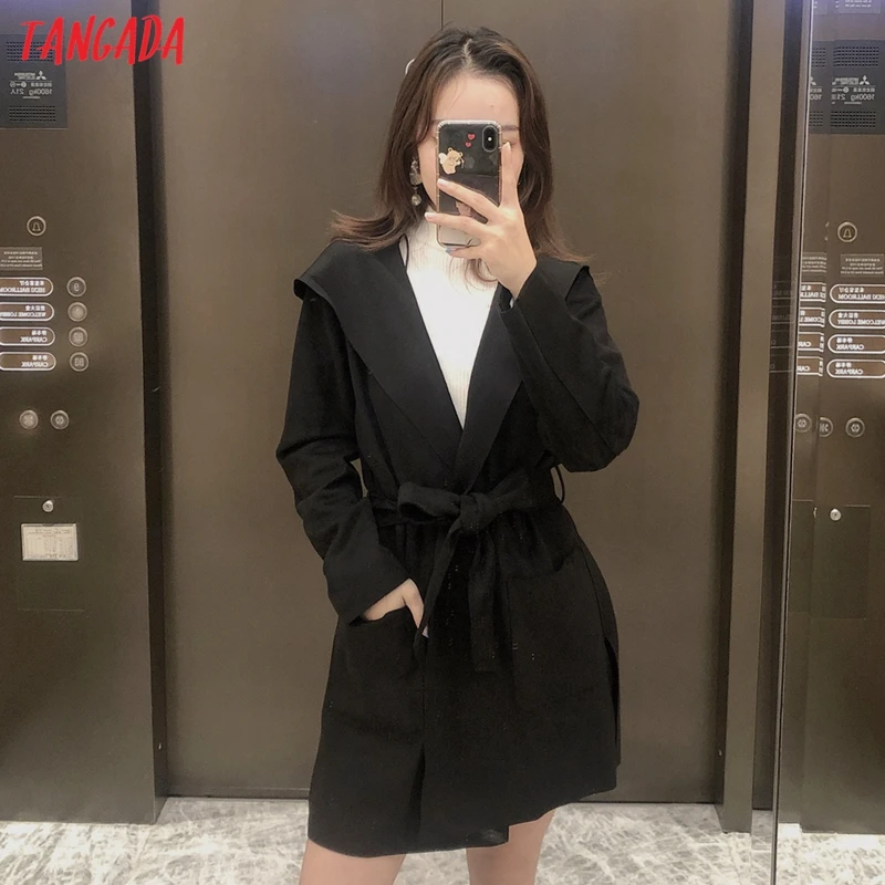 Tangada women Suede long trench coat with belt 2020 autumn winter elegant female outwear windbreak 4H07
