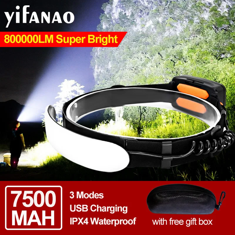 COB Headlamp 7500mAH 800000LM Portable Mini with Built-in Battery