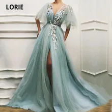 

LORIE Light Green Fairy Prom Dresses Appliques 3D Flowers Short Sleeves Tulle Evening Gown Side Split Celebrity Party Dress