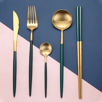 

Set of 5 Golden 304 Stainless Steel Cutlery Pack Tableware Dinnerware Fork Spoon Knife Kit Steak Gadgets Kitchen Accesories
