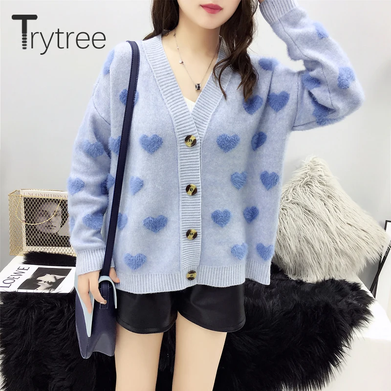 

Trytree Winter Women Single Breasted Computer Knitwear V-Neck Button Casual Love Acrylic Cardigans Sweater Button Long Sleven
