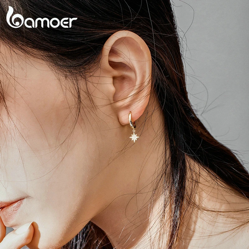 bamoer Genuine 925 Sterling Silver Moon and Star Dangle Earrings with Charm Clear CZ Gold Color Jewelry 2020 New Bijoux SCE785