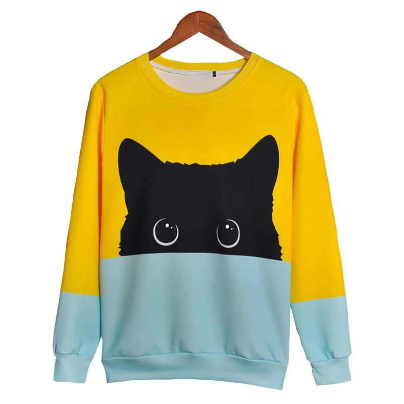 Kawaii черный Кот Толстовка для женщин с длинным рукавом осень зима толстовки пуловер унисекс парный спортивный костюм для пар забавная желтая Милая Толстовка 3d - Цвет: sweatshirt