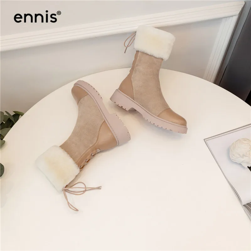 ENNIS/теплые зимние сапоги; женские зимние сапоги на меху; узкие сапоги из искусственной замши на платформе; обувь из плюша с кружевом сзади; модная кожаная обувь черного цвета; A9372