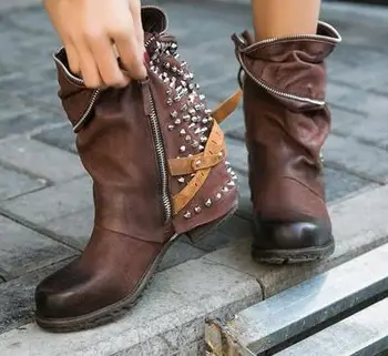 

Women Decor Sliver Rivet Boots Female Autumn Winter Leather Cowboy Ankle Boots Round Toe Wedge Heel Woman Booties Punk Shoes