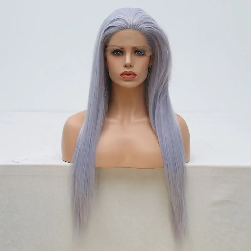 Bombshell, шелковистые прямые синтетические волосы, 13*4, парик на кружеве, без клея, синий, серебристый, серый, термостойкие, вечерние волосы, парики