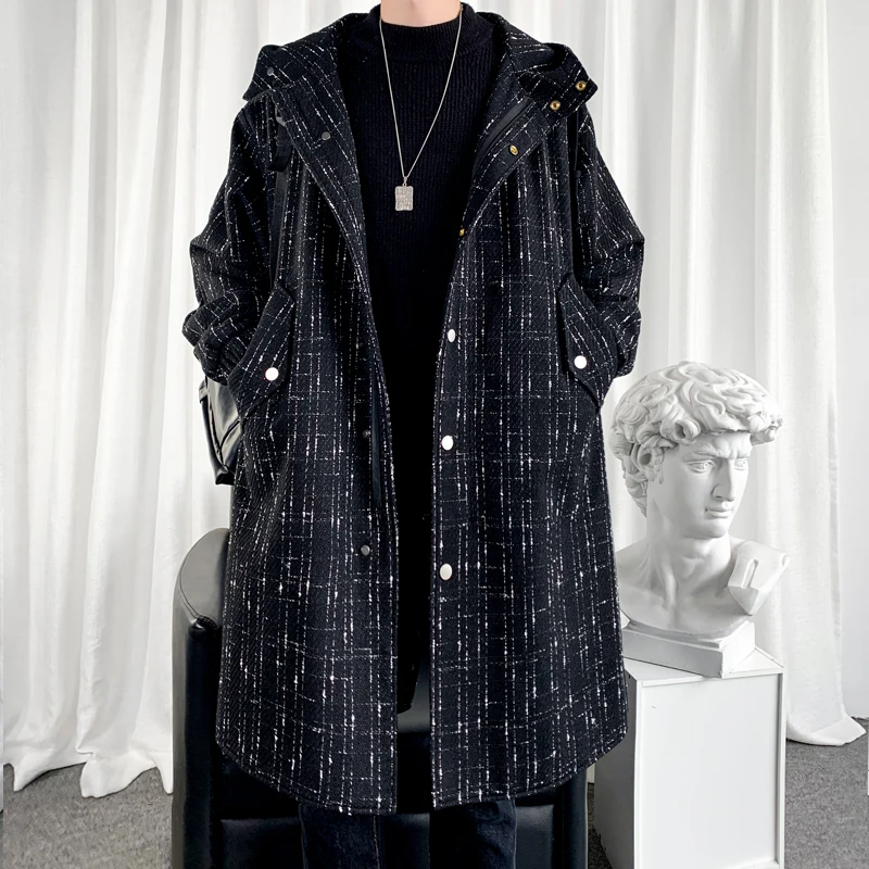 

2023 spring Long style coat men's High quality casual trench coat casual hoooded jackets men woolen overcoat Men's Clothing