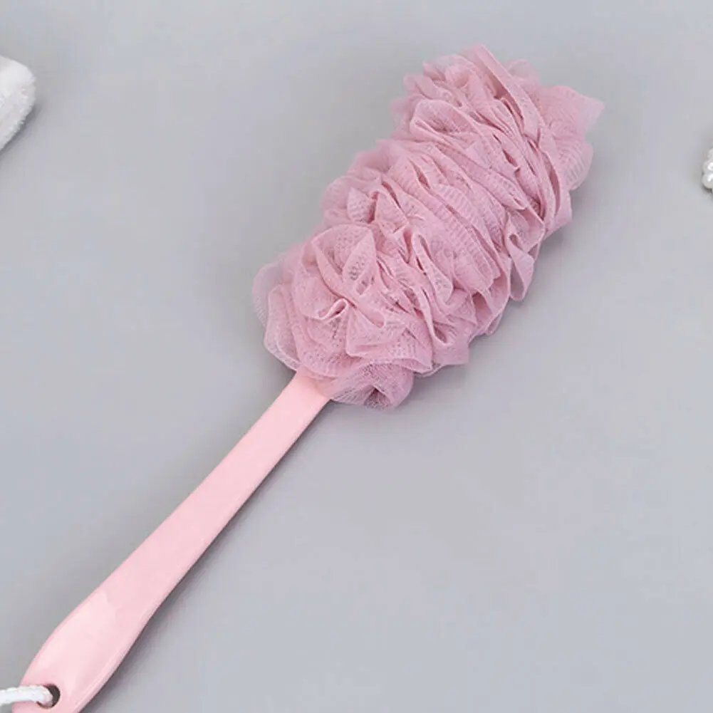 Розовый Пемза для мытья тела Задняя щетка для душа Loofa сетчатый шар для ванны с длинной ручкой - Цвет: Розовый