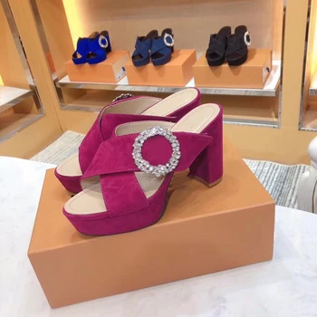 

Plus Size 35-41 Women's Sandals Real Suede Leather Women's Shoes Open Toe Square Heels Summer Sandals For Woman Fashion Brand