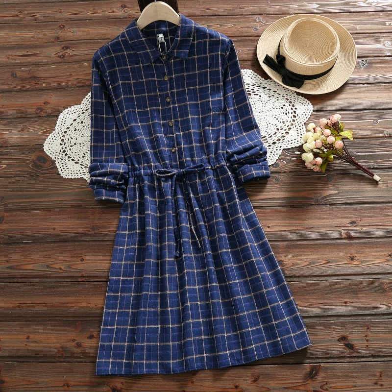 

JUAYKALA Dress 2019 Autumn Mori Girl Retro Literary Plaid Waist Long Sleeve Dress Party Casual Women Beach Holiday Retro Dress