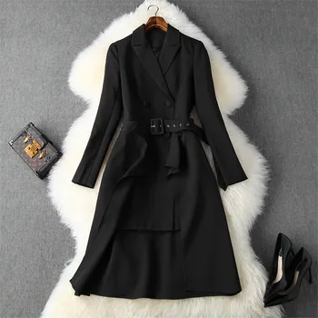 

2019 Autumn Runway Fashion Women Dress Elegant Office Lady Long Sleeve Notched Solid OL Work Blazer Dress Suit 2Piece Set