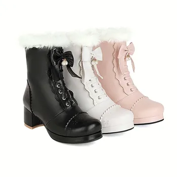 

US4-11 Womens Sweet Lolita Ankle Boots Platform Lace Bowknot Fur Liner Warm Winter Block Heel Shoes Plus Size Cosplay New 2020