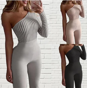 

Sexy One-shoulder Rib Knit Jumpsuit Women Rompers Autumn Long Sleeve Elegant Jumpsuit Backless Solid Fashionable Skinny Bod