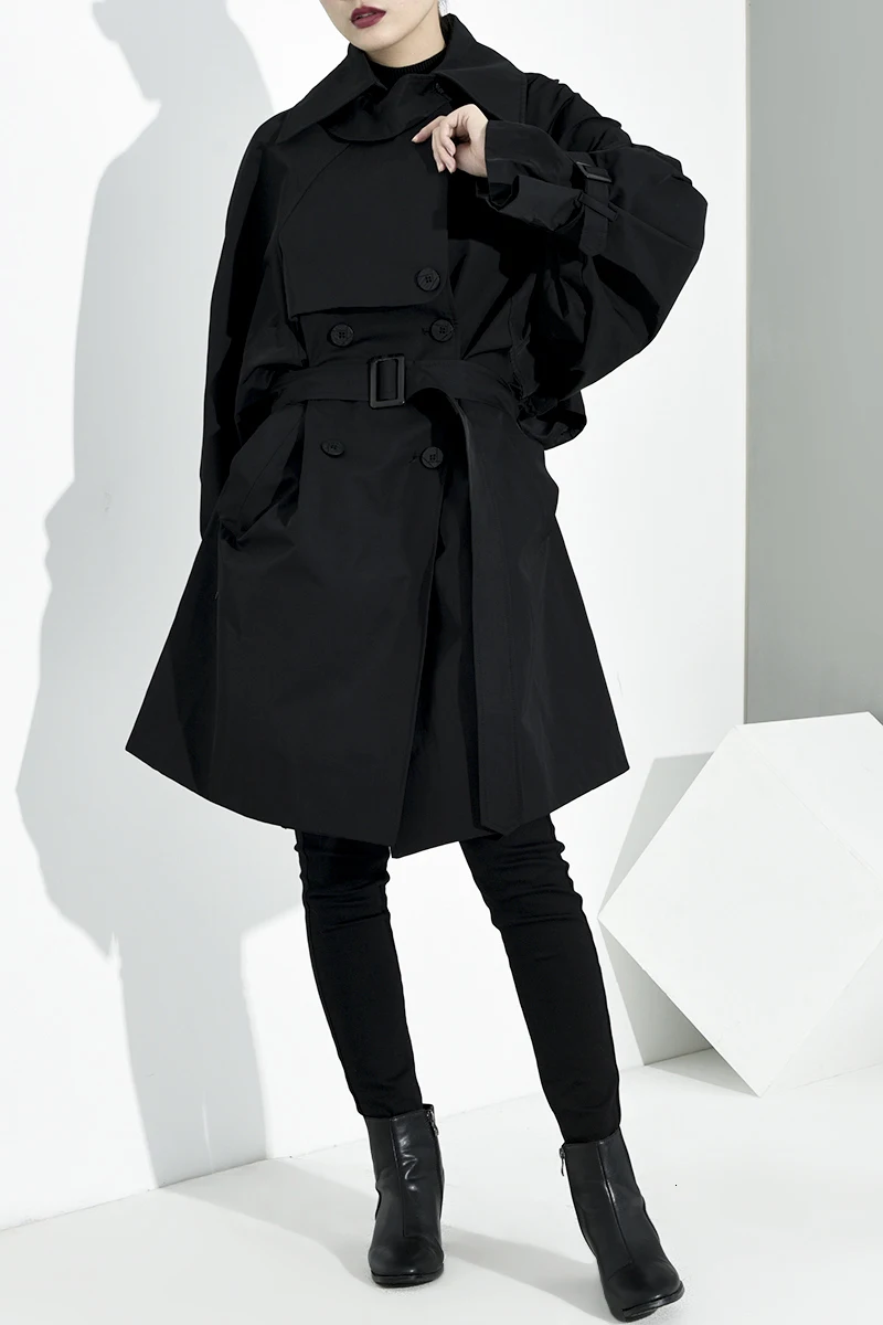 [EAM] женский черный бандажный Тренч большого размера, новая свободная ветровка с отворотом и длинным рукавом, модный Тренч для осени и зимы 1H3130