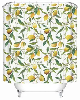 

Fresh Lemon Tree Branches Bathroom Shower Curtain Fruit Shower Curtain Waterproof Bath Curtain with Hooks, Yellow and Green