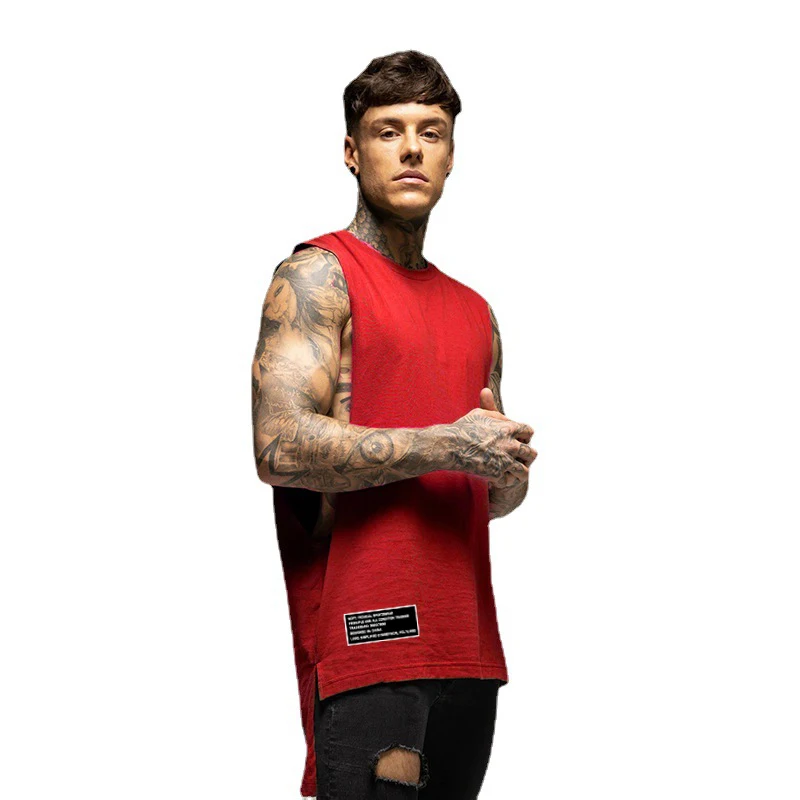 Erkek moda Tank Top spor salonu Fitness egzersiz pamuk kolsuz T gömlek yaz rahat giyim erkek uzatın uzun atlet Hip Hop yelek