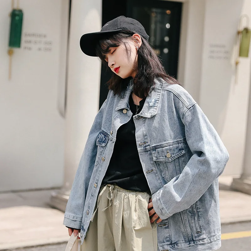 

Loose-Fit Jeans Coat Women's 2019 Autumn And Winter New Style Industrial Washing with Holes Long Sleeve Fold-down Collar Mid-len