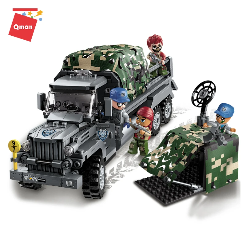 Qman transporte criativo soldado 4 figuras modelo de caminhão veículo militar 386 peças blocos de construção brinquedos
