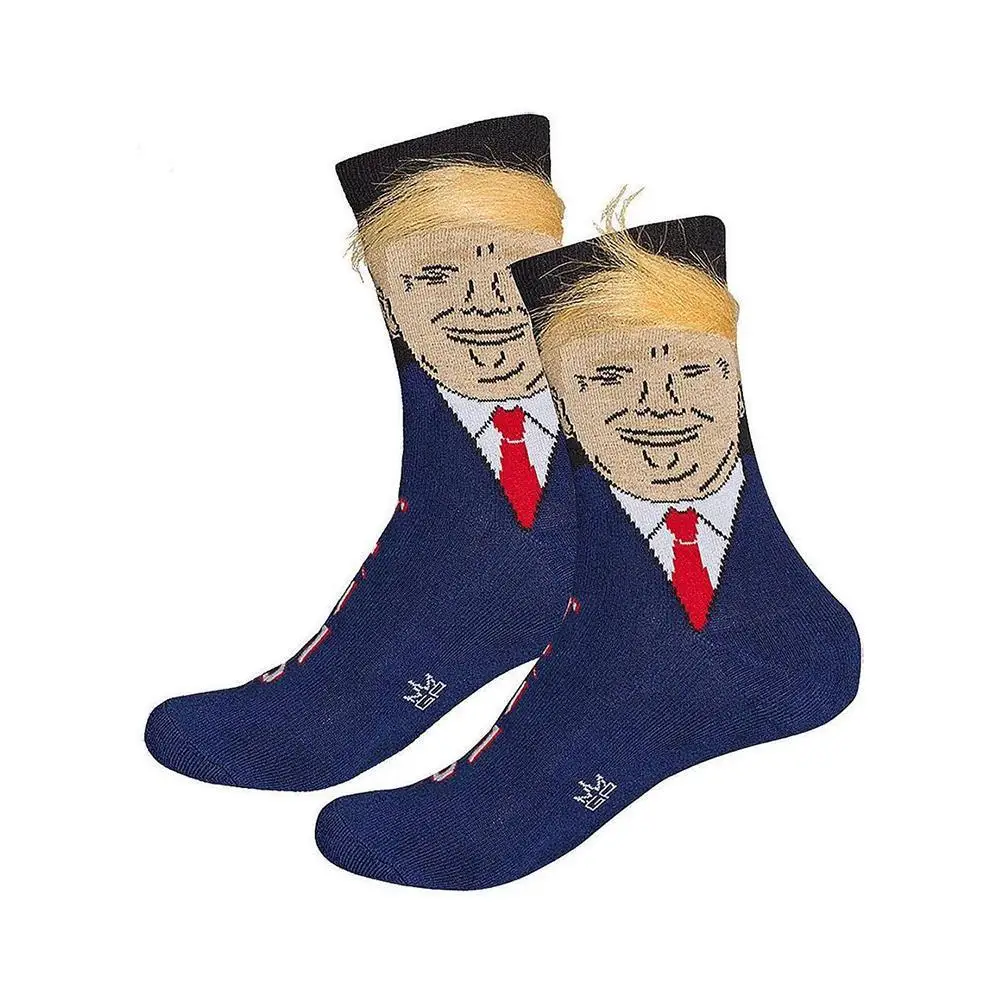 Модные носки «Дональд Трамп», унисекс, с принтом, для взрослых, на каждый день, носки с объемными накладными волосами, гольфы,, носки для скейтборда в стиле хип-хоп - Цвет: Цвет: черный, синий