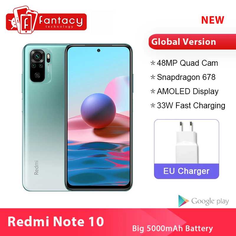 Xiaomi-smartphone Redmi Note 10, versión Global, Snapdragon 678, cámara cuádruple de 48MP, 4GB, 128GB, AMOLED, Note 10