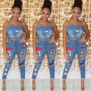 

Summer Jeans Outfits 2020 Women Clothes Sets 2 Piece Birthday Party Club Sexy Crop Top and Pants Denim Two Piece Mathcing Set