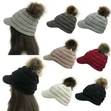 Женские вязанные Козырьки с меховым помпоном, Мягкие Шапки-булочки, эластичные вязаные теплые шапки