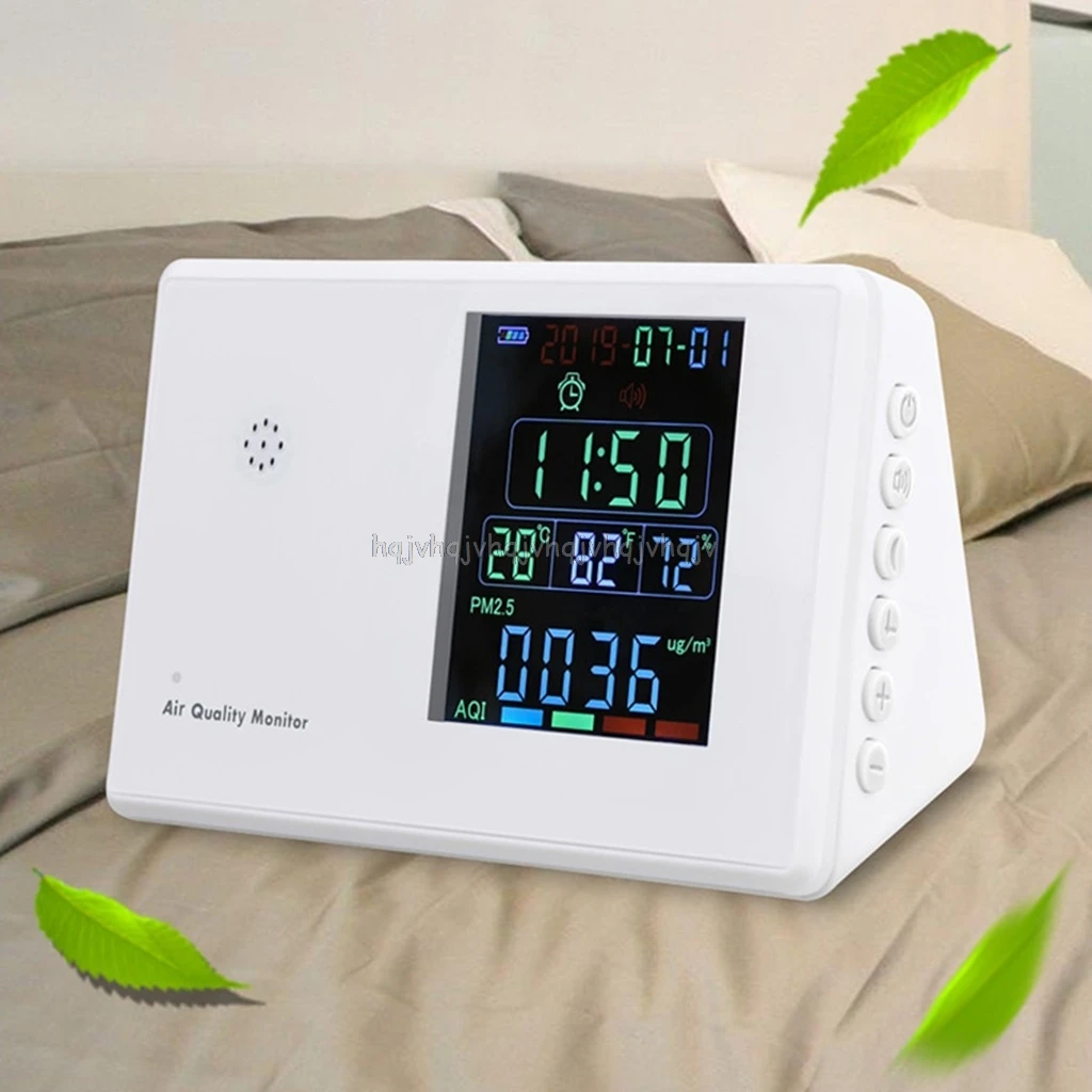

Air Quality Monitor Formaldehyd PM2.5 CO2 TVOC CO2 AQI Monitor Detector Tester Gas Analyzer Thermometer Hygrometer Alarm Clock