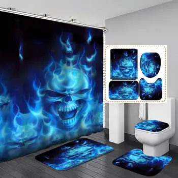 

Skull Shower Curtain Mat Set Toilet Cover Color Skull Shower Curtain with Hooks Toilet Seat Covers Bathroom 4 Pcs