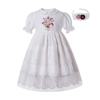 

Pettigirl White Embroidery Girl Party Dress Top Grade Lace Doll Collar Wedding Kids Dresses With Headwear Children Clothing
