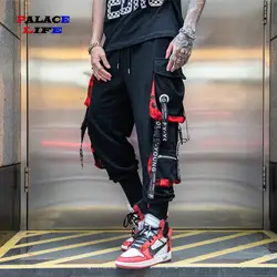 2019 Модные мужские s хип хоп ленты карго Мужские штаны для бега брюки уличная с эластичной резинкой на поясе и на штанах ленты хлопок pantalones
