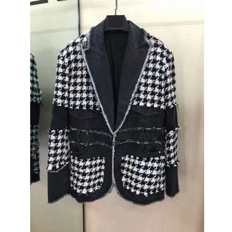 

9.8 2019 Autumn High quality womem New Houndstooth tweed vintage patchwork denim With transparent belt casual blazer coat