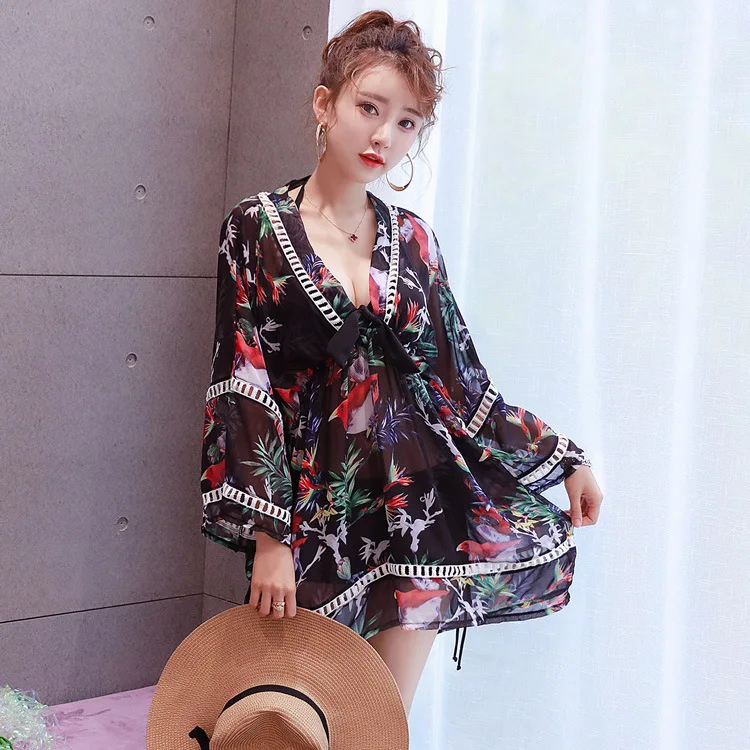 

Bo louvui South Korea Chiffon Skirt Bikini Three-piece Set Swimsuit Women's Slim Fit Slimming Underwire Push up Plus-sized